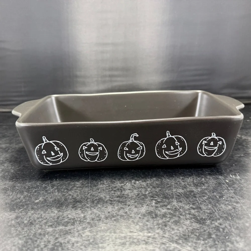 Rae Dunn Trick or Treat Halloween Loaf Pan Matte Black Pumpkin Ceramic Baker